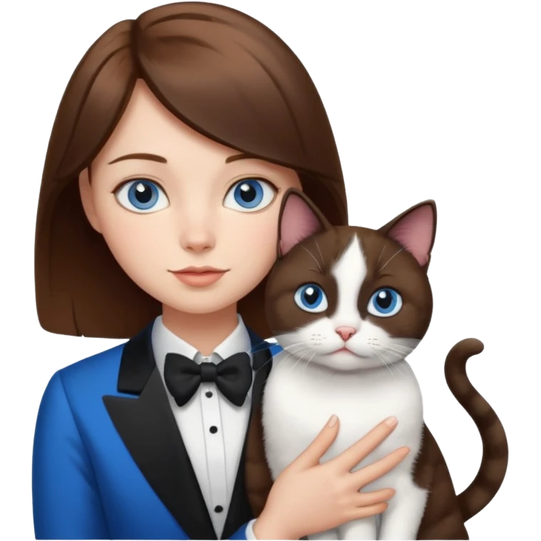 brown haired girl with blue eyes holding a fat black and white tuxedo cat emoji