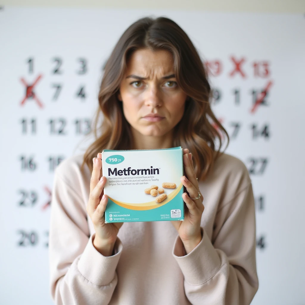 hyperrealistic 4K vertical 9:16 woman showing the Metformin box towards the camera, background with a calendar with crossed out days showing no changes, frustrated expression, white background emoji