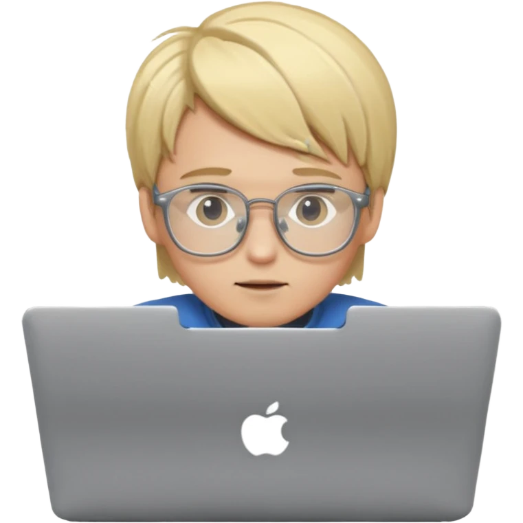 Blonde boy using laptop wearing clear glasses emoji