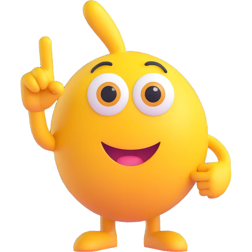 A yellow round emoji character with big eyes and a confident smile, clearly pointing both index fingers at itself. Strong “ME!” expression. Bold cartoon style, isolated on white emoji