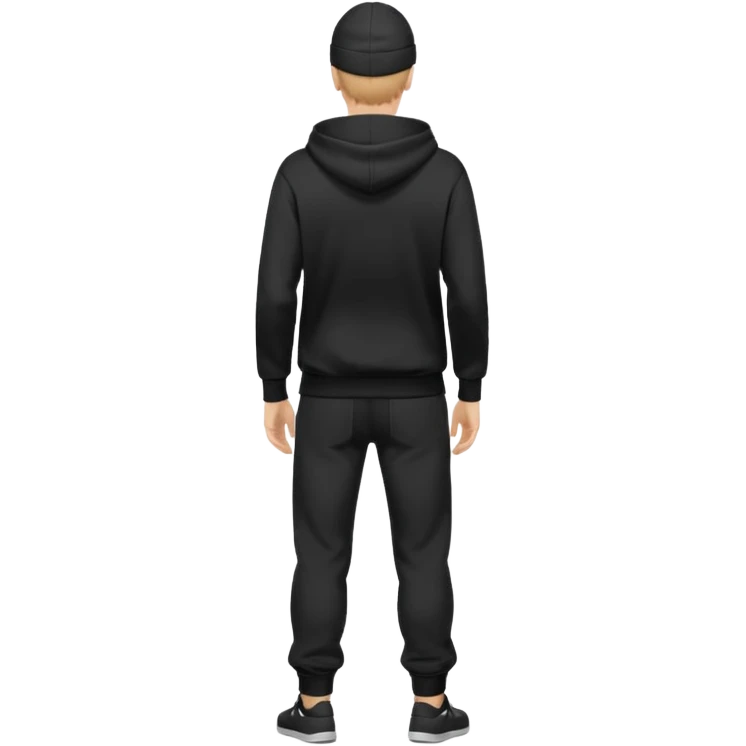 fullbody caucasian man in black hoodie on head, hands in his pockets and black pants rear backview emoji