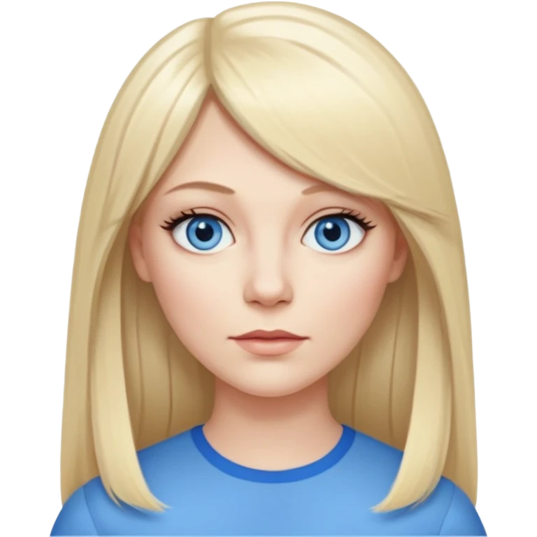 40 yr old white woman, pale skin, long straight blond hair parted in center, blue eyes, bangs emoji