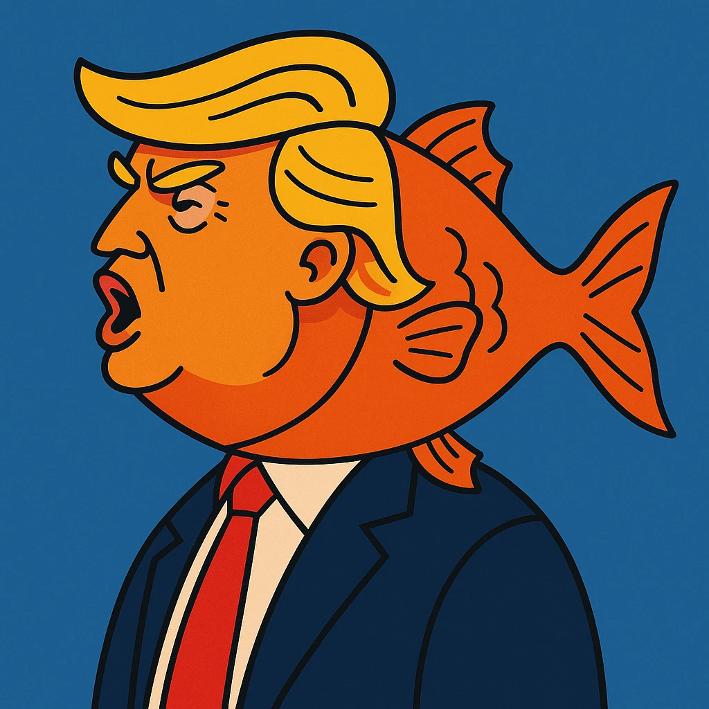 Donald Trump morphing into a fish, vibrant toon style emoji