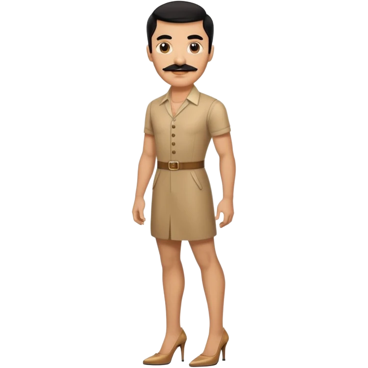 Man in high heels light brown dress with black hair and mustache  emoji