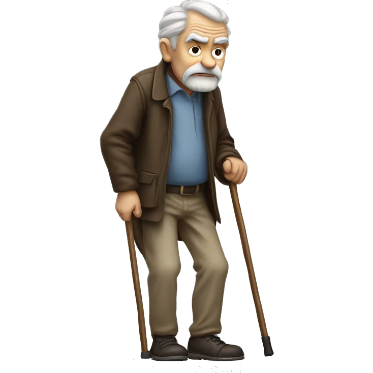 Old man leaning on a walking cane and holding his back with his hand grumpy face, detailed emoji