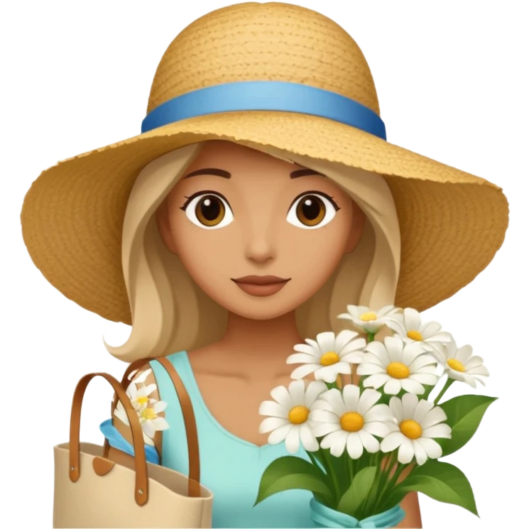 summer beautiful wicker hat next to it lies a beach beige bag and a bouquet of white flowers emoji