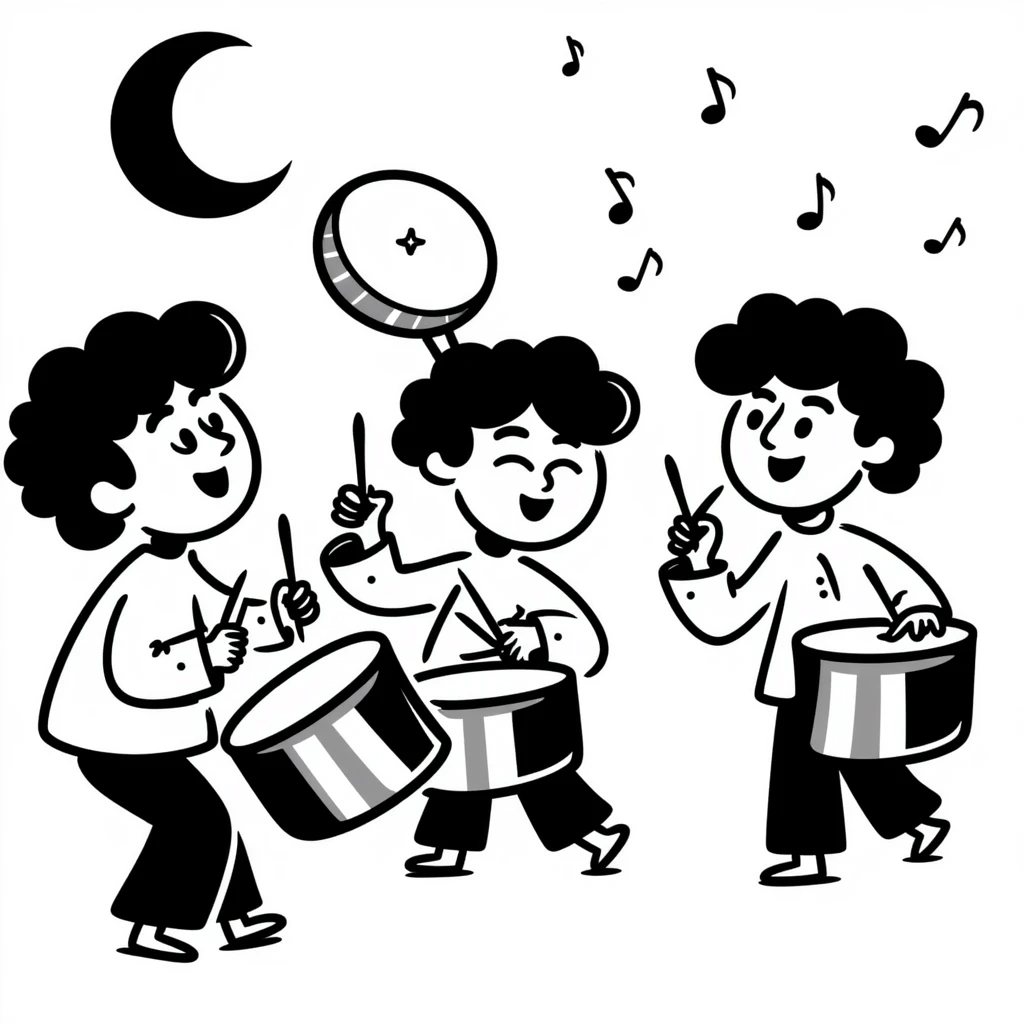 group waking up the neighborhood for sahur with drums, crescent moon in background emoji