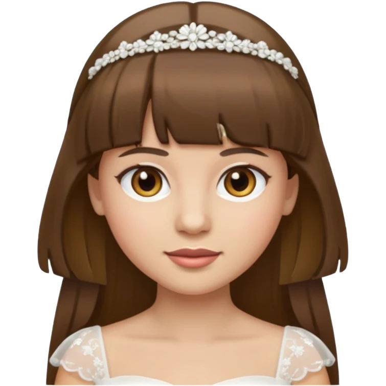 close-up bride emoji with light skin, hazel eyes, brunette straight hair with bangs emoji