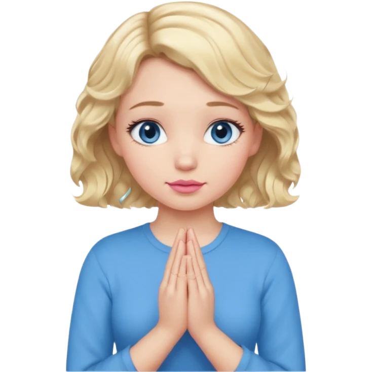 Girl Blonde short wavy hair,  blue eyes, cute blue top, long lashes, pink lips, praying hands emoji