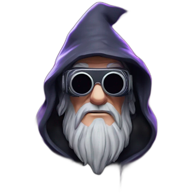 Gandalf wearing a black hoodie with "OMG" letters on it and VR headset in a cyberpunk VR environment with violet neon lighting. emoji