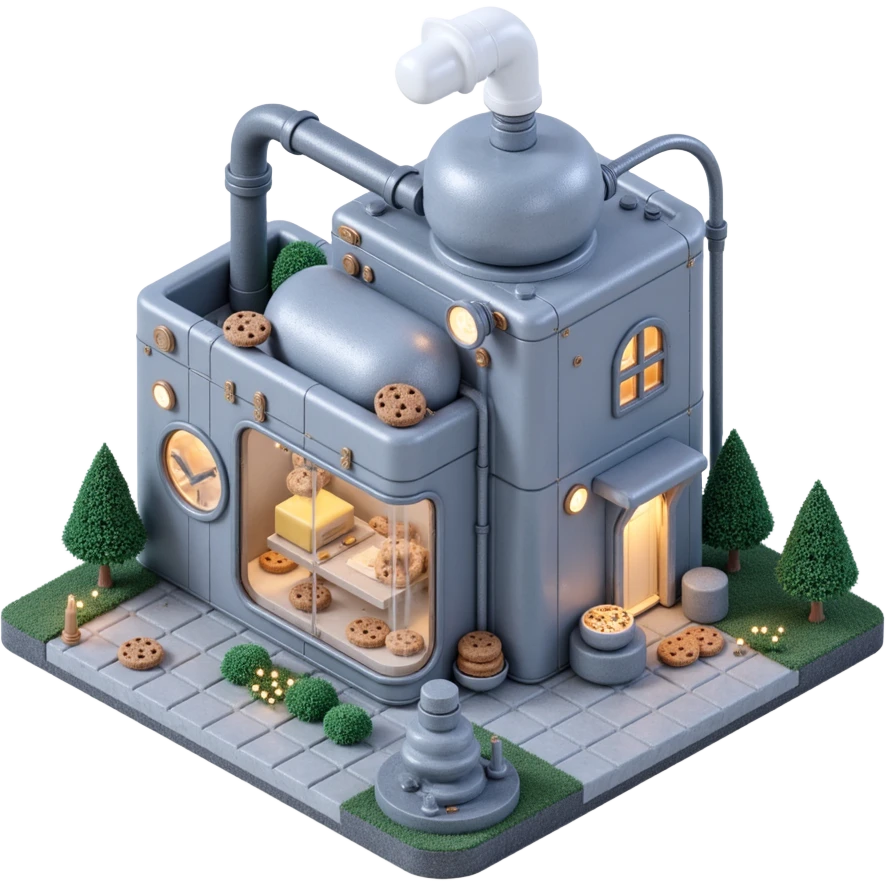 Outside view of a futuristic cookie factory, sleek silver walls, robotic arms visible through glass panels, glowing neon pipes along the structure, emoji-style emoji