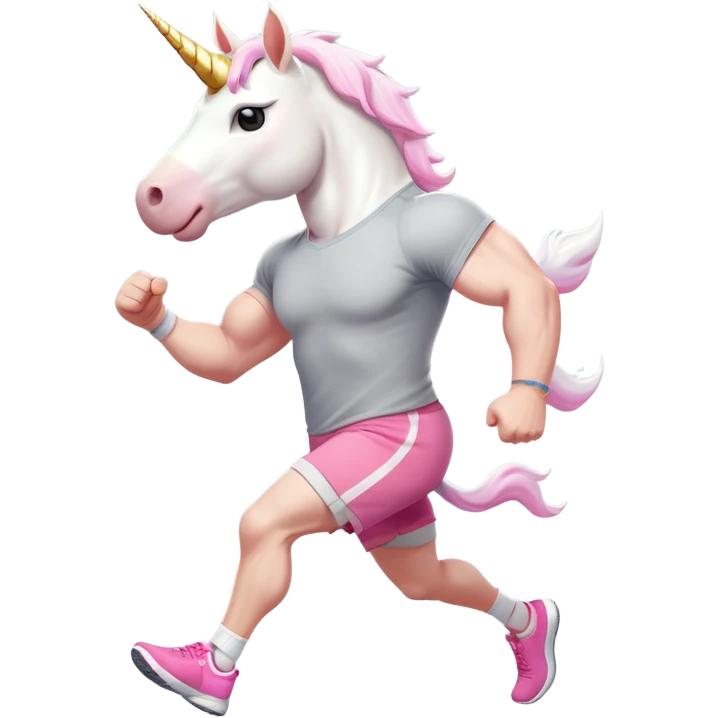 friendly anthropomorphised male white unicorn with a fit, chunky, muscular and strong physique, arms and legs matching the white of the head, in grey shorts and pink t-shirt, wearing dark sunglasses, jogging upright in a standard pose emoji