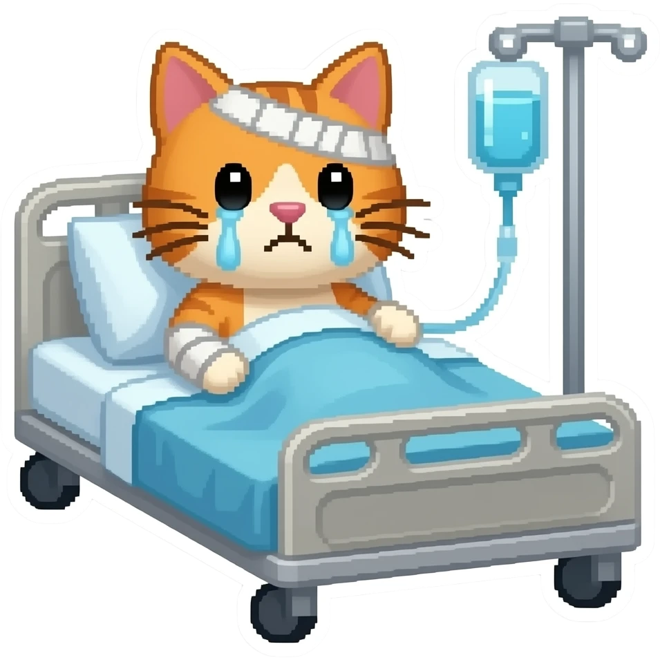 1 cat, in pixel hospital bed, 8-bit retro style, sticker, bandaged up, IV drip, sad expression emoji