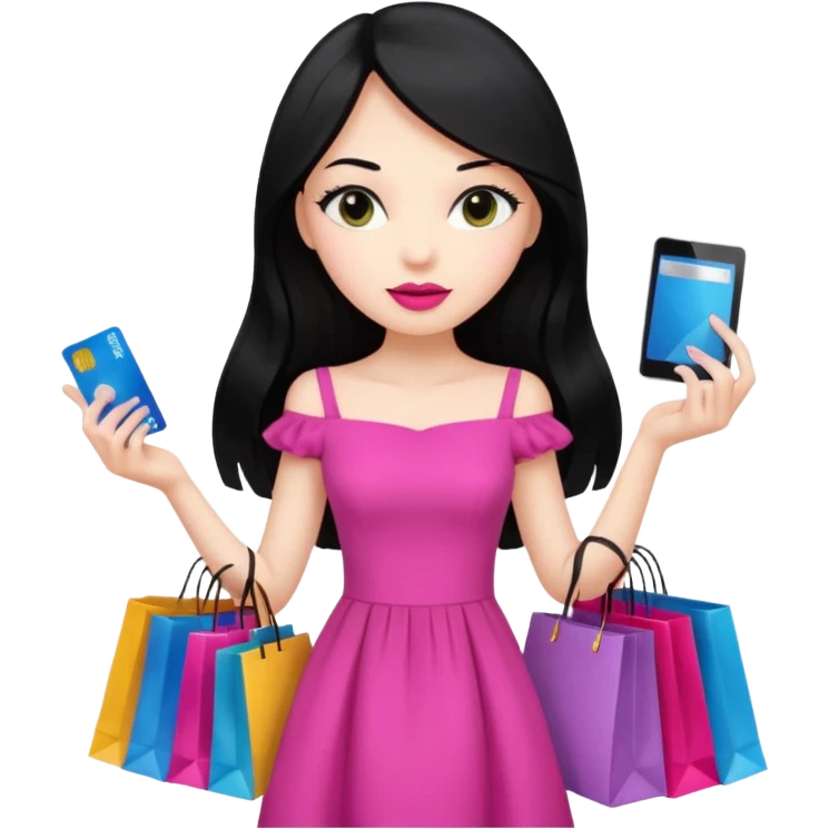 Girl with long black hair and pink lipstick holding shopping bags and credit card emoji