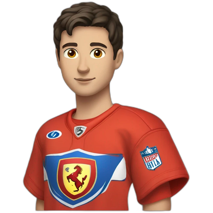 a white male teenager with very short dark hair and brown eyes in a red ferrari jersey emoji