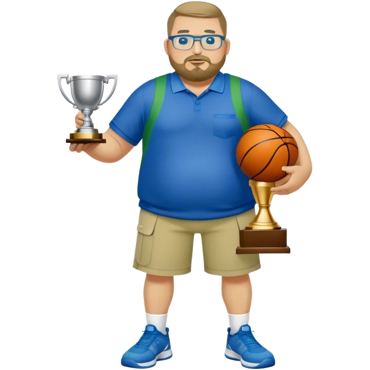 full body white obese male basketball coach with trophy. Goatee , Wearing glasses and blue and green polio with khaki pants emoji