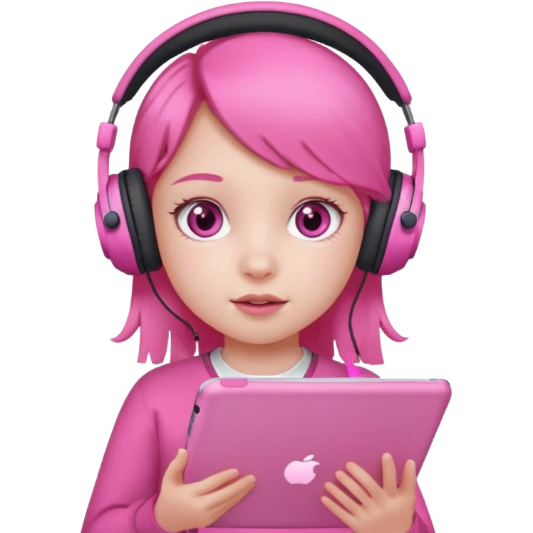 Little girl with headphones when pink eyes and pink iPad and pink dreamy background emoji