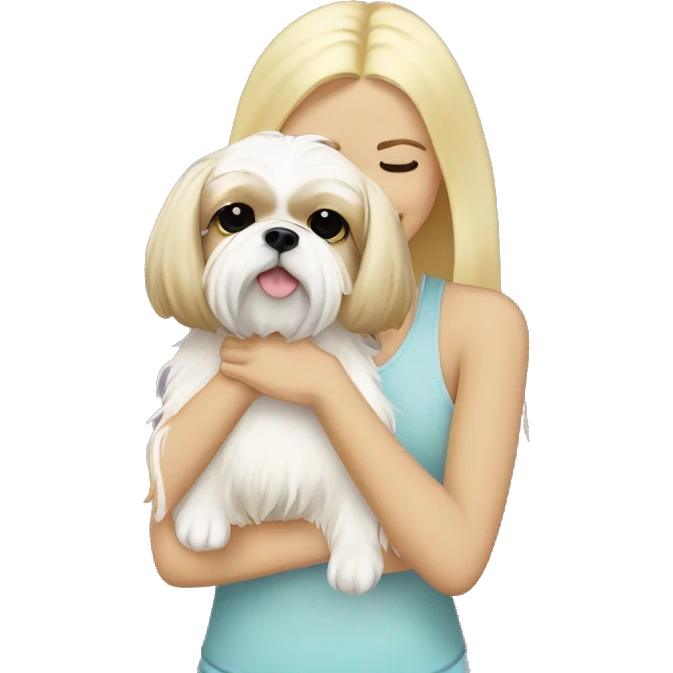 blonde girl with cream shih tzu hugging emoji