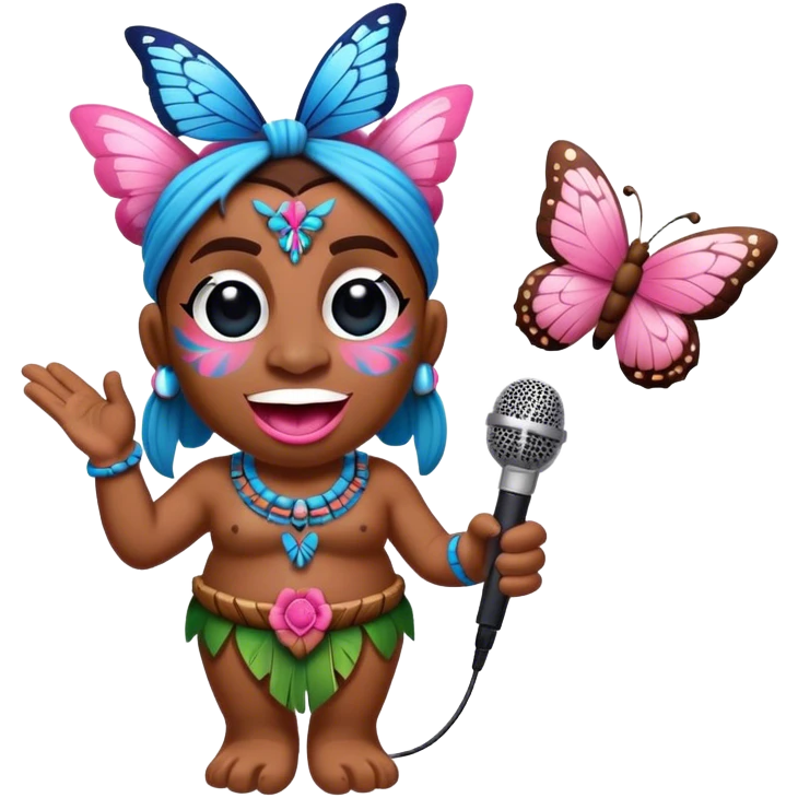 Cartoon Blue and pink tiki singing with butterfly and in the mikrophone emoji