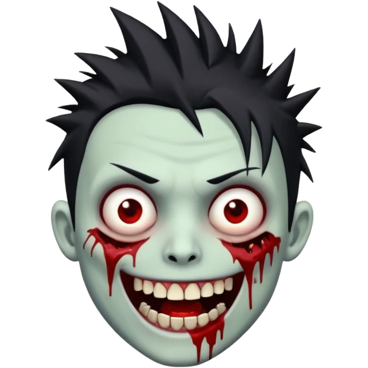 zombie boy with emo spiky hair, white skin, and white eyes; an open smile, and bloodied teeth; emoji