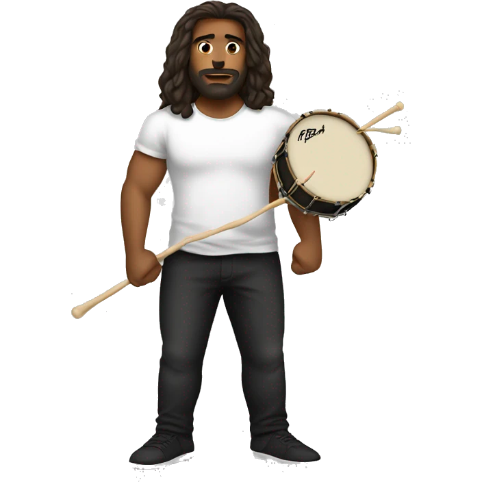 A long haired brown man with a light beard holding drum sticks, wearing a t shirt and black pants emoji
