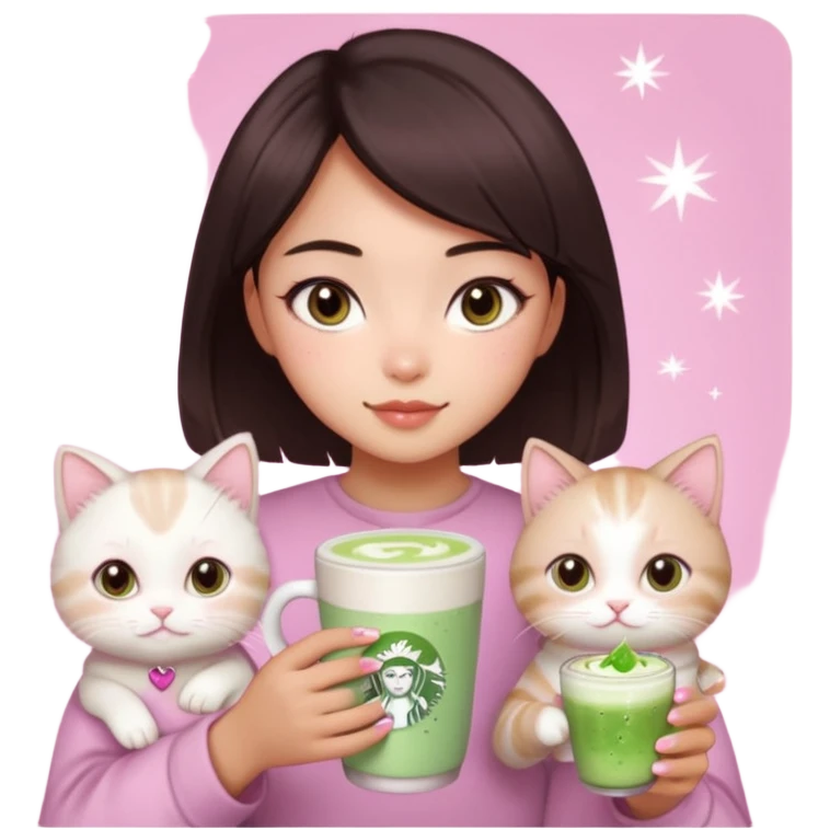 asian girl with short dark brown hair and dark brown eyes with a soft girl pink glowup aesthetic, matcha latte, 2 ragdoll cats, and sparkles emoji