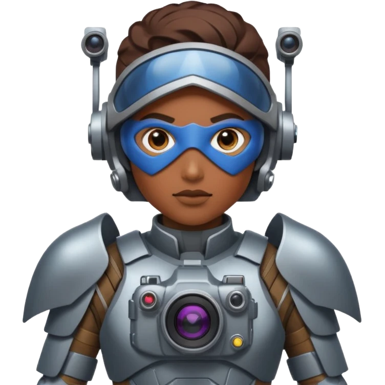 Un photographe high tech du futur, avec du matériel, une armure de terrain à la super héro. Il a des appareils photos, des caméras embarquées et un drone  emoji