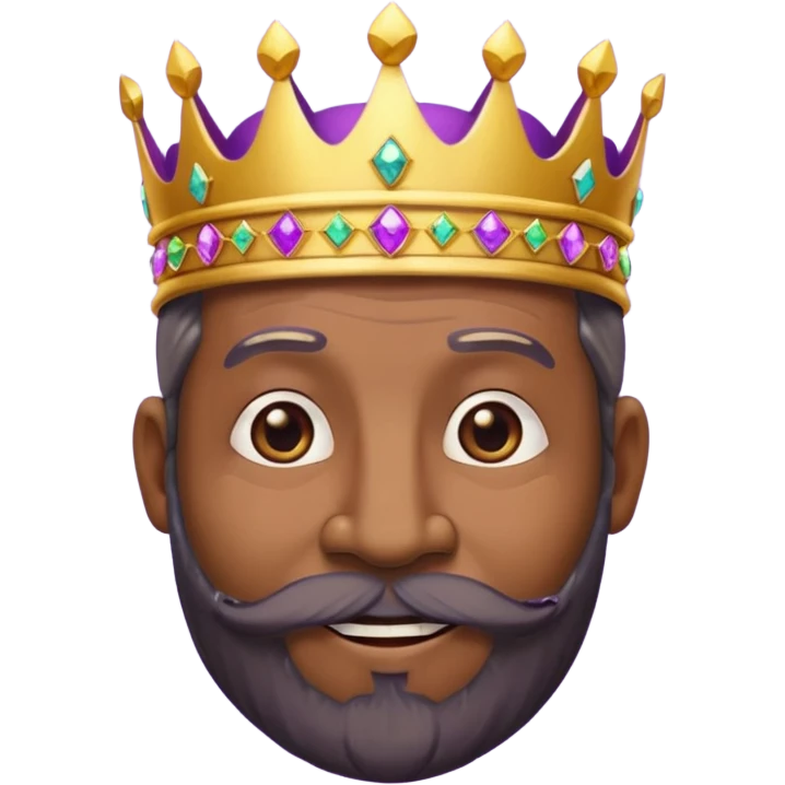 Create a cartoon-style emoji of Baltasar, one of the Three Wise Men. Only show his face and crown. He is older, with dark skin and a full black beard, joyful wrinkles, and a purple and gold jeweled crown. Express warmth, wisdom, and friendliness. Colorful and simple, suitable as an emoji. emoji