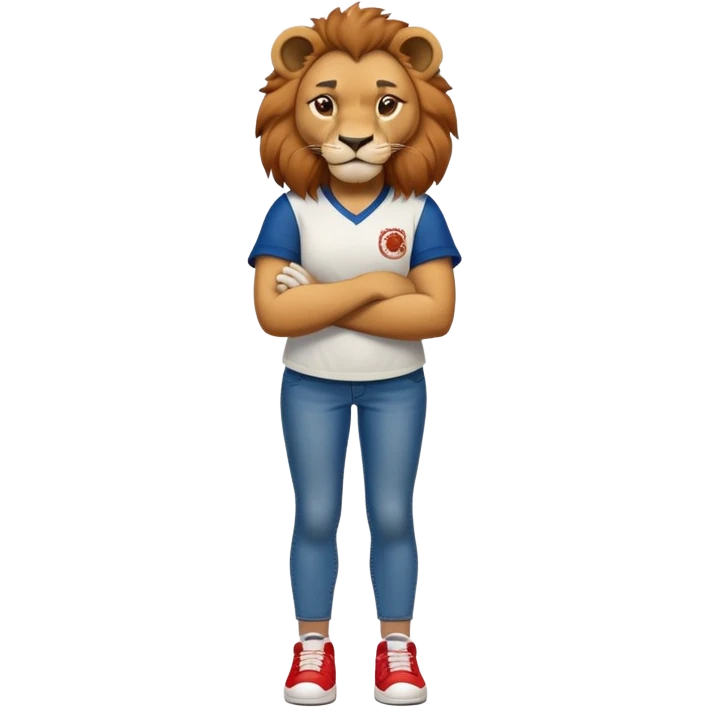 confident anthropomorphised female lion wearing a baseball shirt, jeans, trainers, arms crossed, strong and determined expression emoji