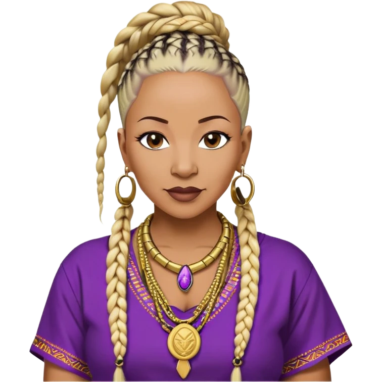 African american 57yr old ,dark chocolate brown  woman who is 5ft 6in with a blonde and black mohawk of individual braids, with low shaved side haircut,
wearing a purple,  dashiki, with an gold  necklace of Draya inscribed,  wearing big gold bamboo earrings in ears with the name engraved of Draya emoji