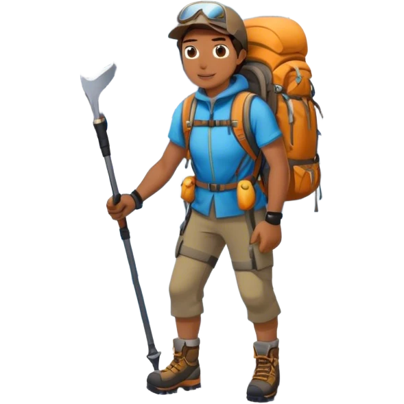 Icon for Mountain Tourism and Climbing: a mountain peak in the background, with a hiker carrying a backpack, an ice axe, and wearing climbing gear. The icon should capture the adventure and challenge of alpine exploration. Transparent background. emoji