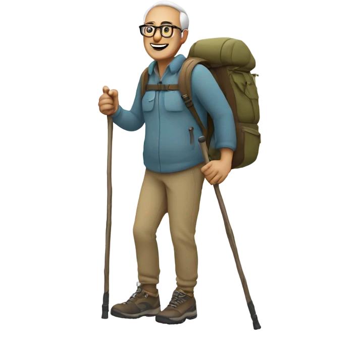 Man with seeing glasses hiking full body with hiking sticks emoji
