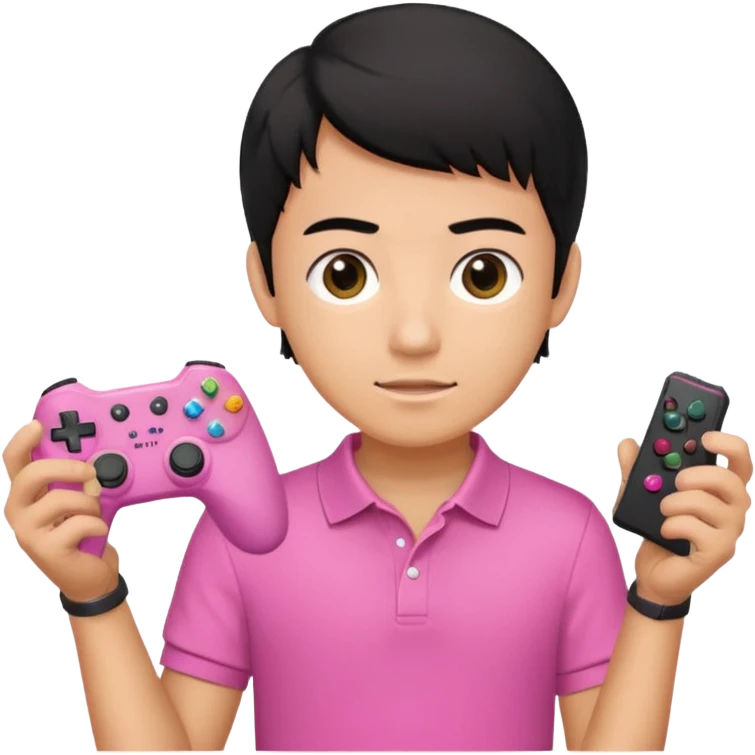 generate a pretty tan bratz boy with a pink polo. Holding a gaming controller in hand. Black hair emoji