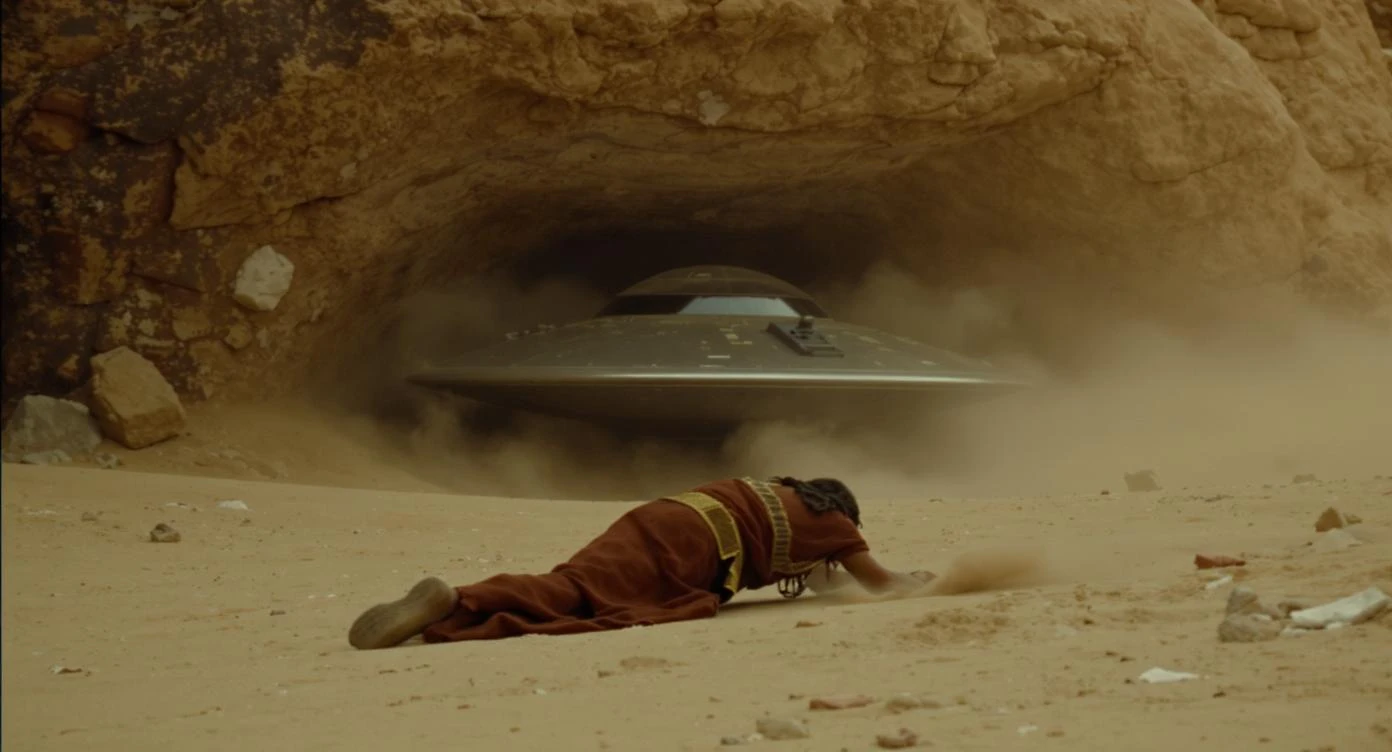cinematic still, documentary photography, acient egypt, back shot of a man dress in ancient clothes in cave (frame in frame effect) on ground laying front of ufo starship, sand flying around, dynamic scane, leading lines, captured by arri alexa emoji