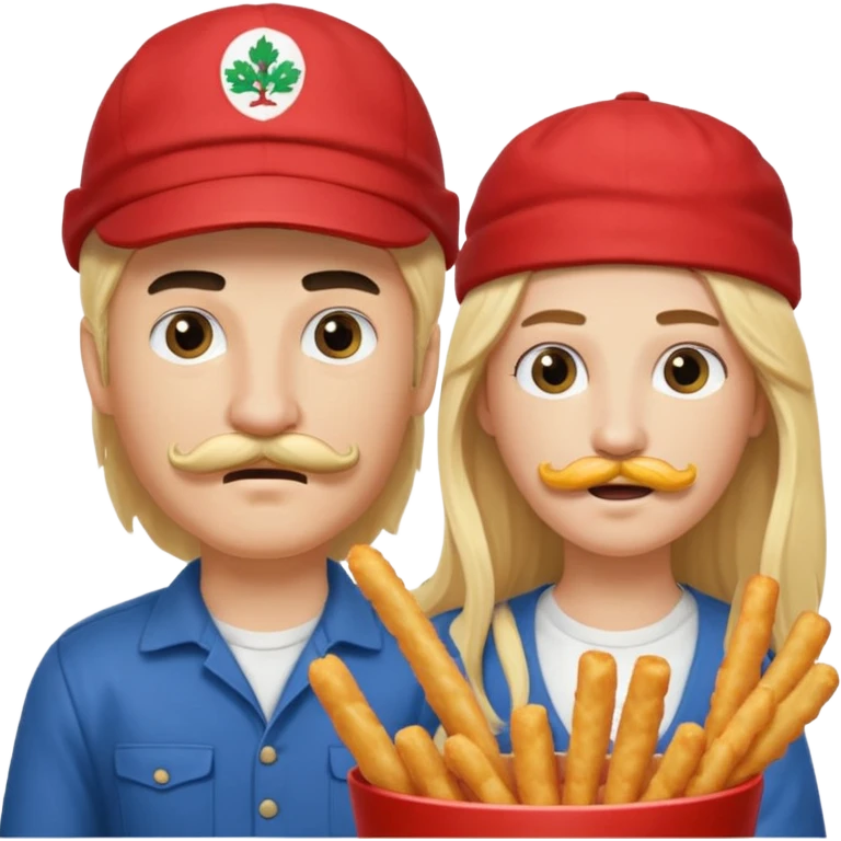 Aurore had long blond hair and Enzo is an Italian boy with mid-long black hair, mustache and a cap on his head and they are figthing like monster about mozzarella sticks emoji