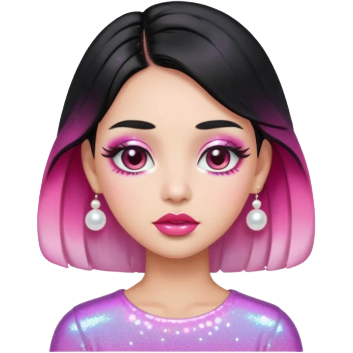 “black hair Emoji girl, glossy pink eyelids, ombré cherry lips, soft contour, subtle glitter under eyes, pearl hair clips, trendy hairstyle, iridescent modern top.” emoji
