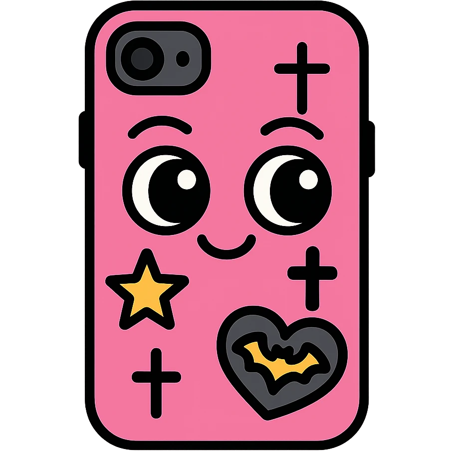 pink and black gothic phone case, big eyes, smiling, playful, cartoonish, gothic symbols emoji