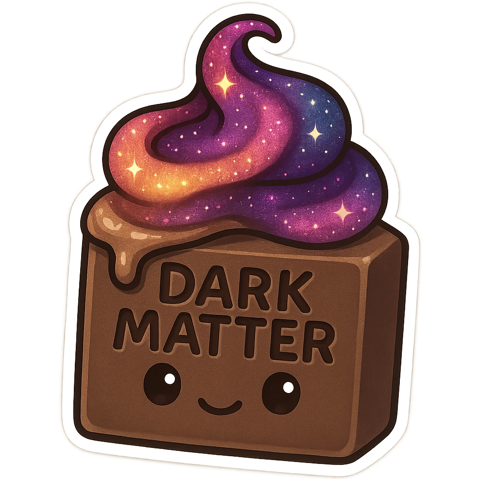 cartoonish chocolate square with 'Dark Matter' engraved, topped with nebula-like swirl of Nutella, shimmering with cosmic colors emoji