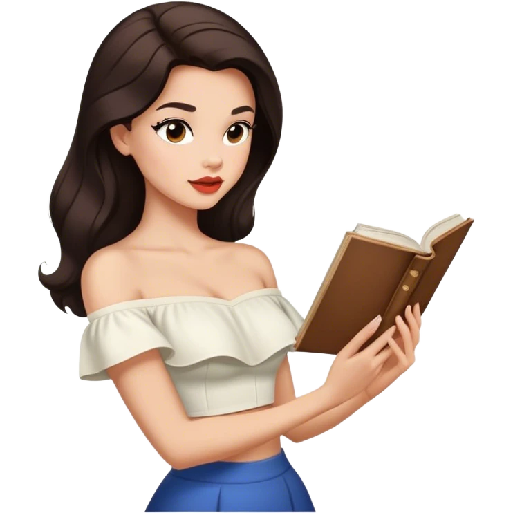Beautiful woman in 1950’s woman fashion look, off-shoulder white shirts crop top, long dark brown hair, reading emoji