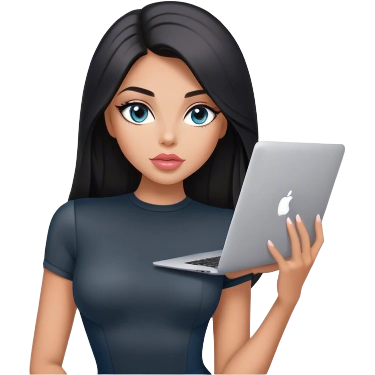 Glamours, tanned, very beautiful girl, with big pump peach-beige-rose lips, black straight smooth silky long hair, straight parting, blue-grey eyes, in short sleeves black bodysuit holding MacBook emoji