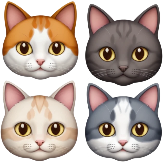 4 different coloured short haired cats including; a dark brown and white cat, and a dark grey and white  emoji