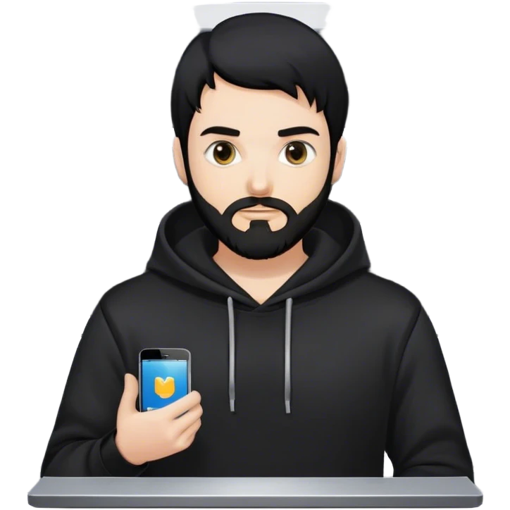 hackeur blanc cheveux noir barbe et capuche noir à côté d'un server emoji