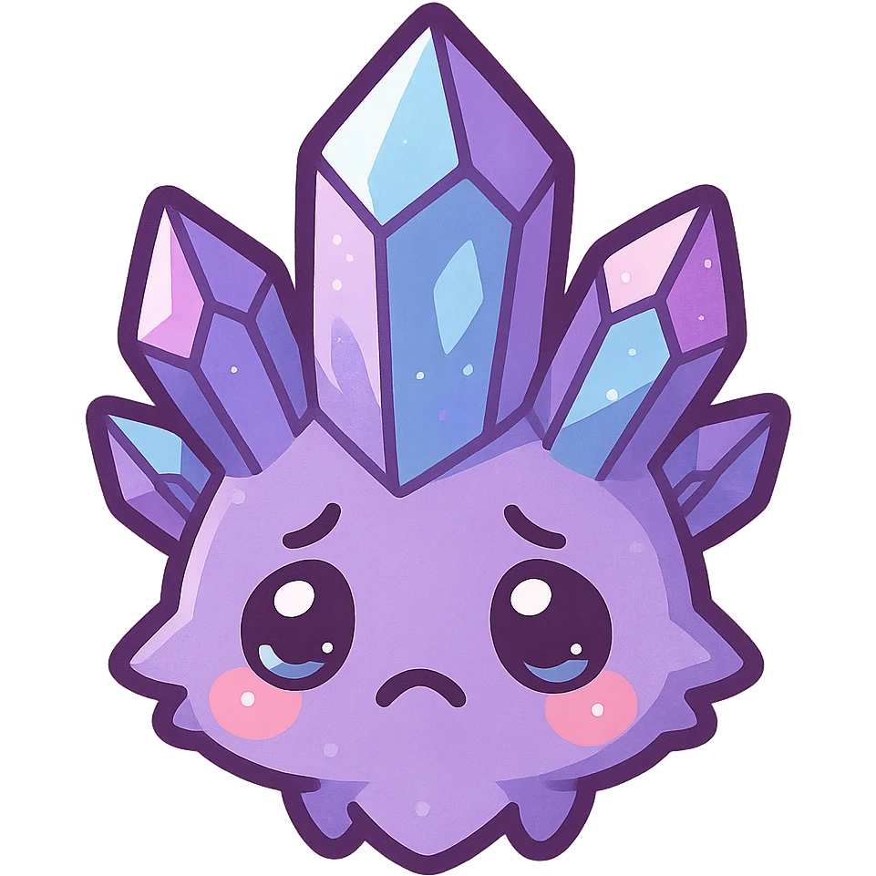 kawaii style emote of a crystal sprite creature, purple, blue, and pink, sad expression emoji