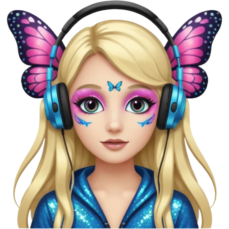 long haired make glitter makeup fairy wearing headpones wing butterfly wings  emoji