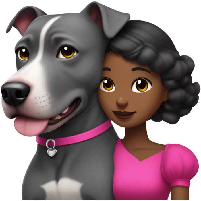 Black lady with black hair wearing hot pink dress hugging large gray pitbull with spiked pink collar emoji