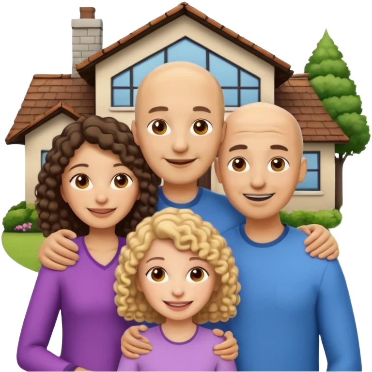 animated emoji style group selfie family of four in front of a house, dad bald South Asian medium light skin smiling, mom and older daughter curly hair pale skin American or Middle Eastern, younger daughter straight hair medium light skin South Asian, both sisters teenagers amused, parents smiling emoji
