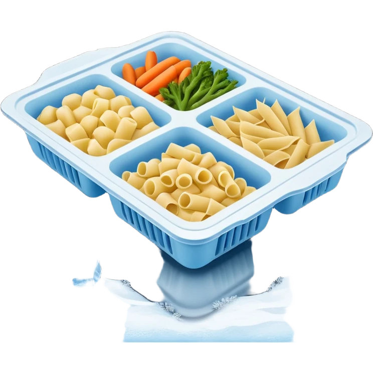 frozen food tray rectangular 2-3 compartments distinct frozen items pasta vegetables meat, frosty surfaces visible ice crystals muted colors firm uncooked texture dark simple tray no branding no utensils no packaging soft lighting emoji scale emoji