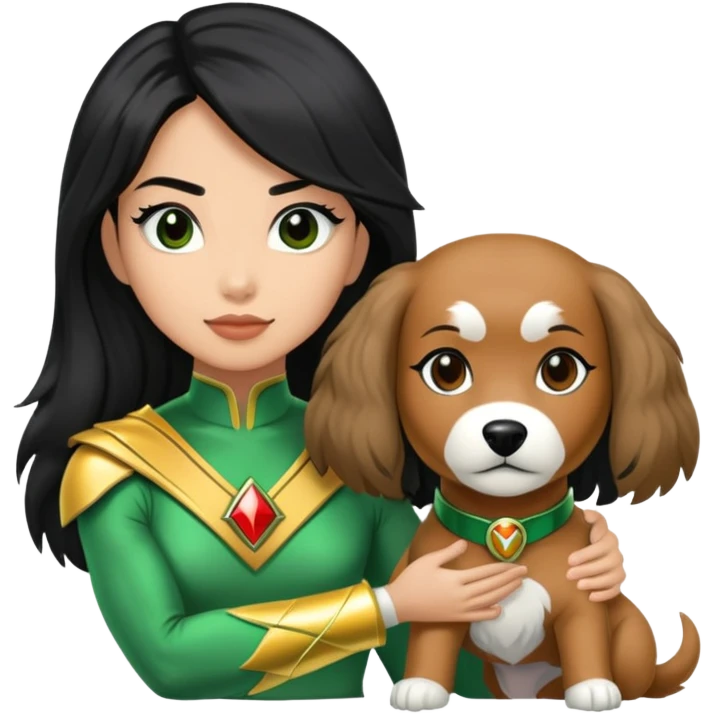 green power ranger wasian woman with long black hair and a fully light brown cockapoo dog emoji