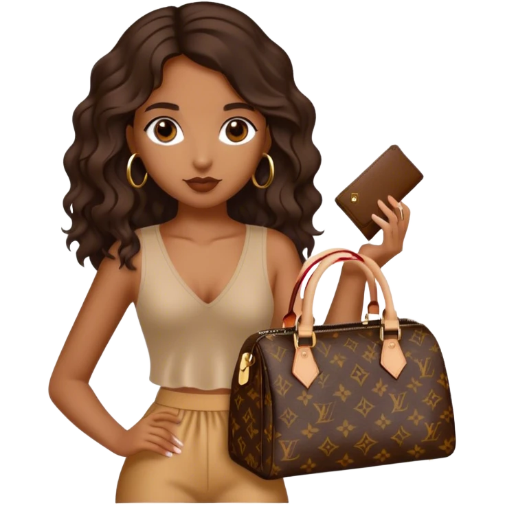  Brown girl with dark brown medium beach wavy hair carrying one Louis Vuitton purse on her arm while standing  emoji