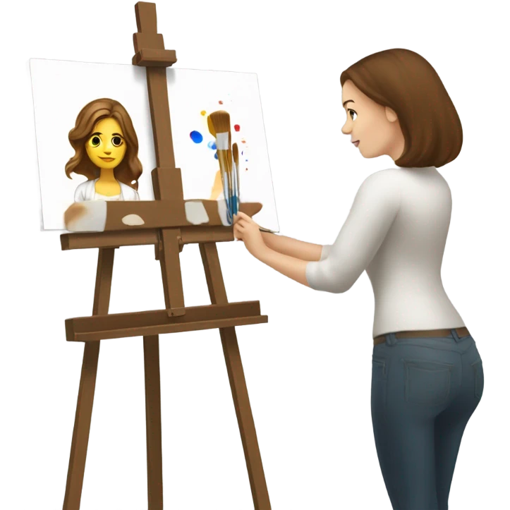 A female Caucasian brown haired artist, painting at an easel with Canvas on the easel emoji